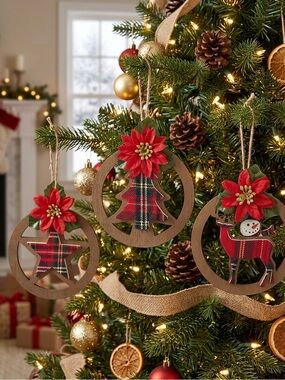 Set of 3 Holiday Plaid Wood Hanging Ornaments - plaid